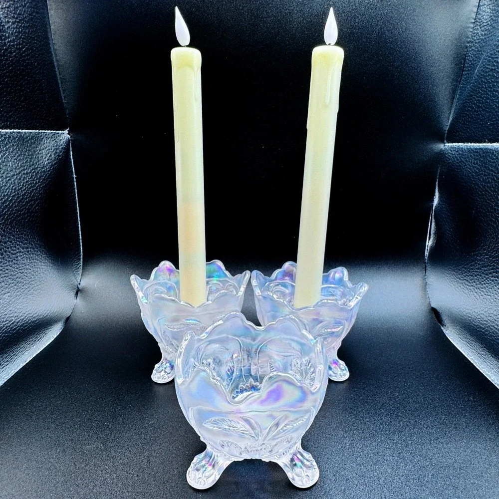 Imperial Iridescent White Carnival Glass Vtg. Floral Candle Console Set 3 Footed